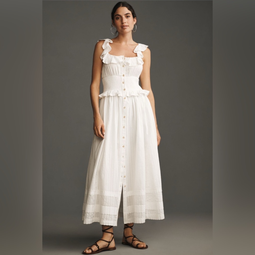 Anthropologie Pilcro Ruffled Midi Dress NWT Smocked-Waist White Cotton M